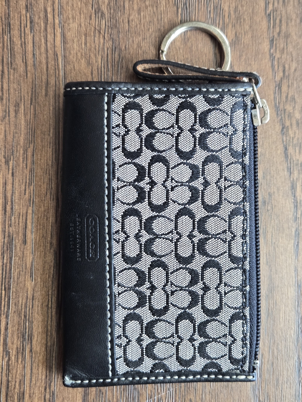 Coach Vintage Signature Canvas Leather Key Wallet Black Gray Coin Card Holder